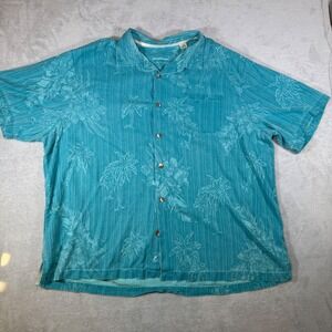 Tommy Bahama Mens 3XB Silk Camp Shirt Turquoise Blue Tropical Palm‎ Tree Floral